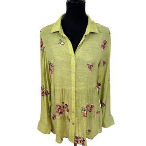 Womens Fig & Flower Lime Green Blouse Large Sheer Button Up Embroidered Boho